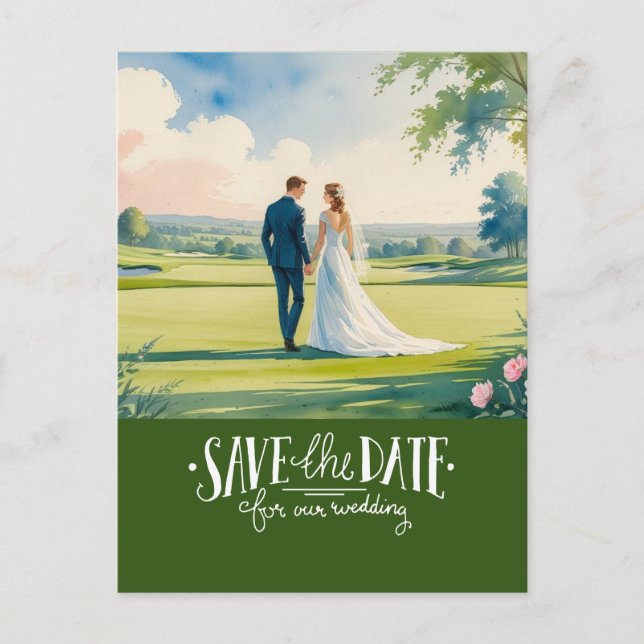Golf save the date for wedding bride groom  postcard (Front)