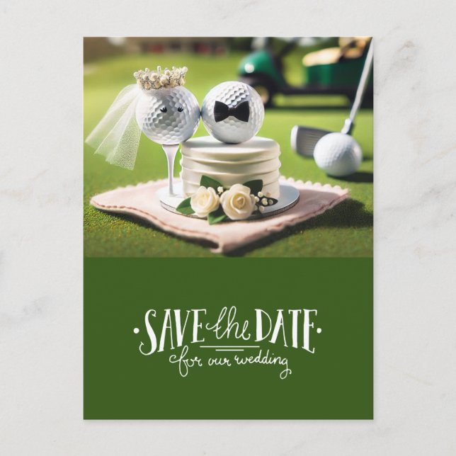 Golf save the date for wedding bride groom  postcard (Front)
