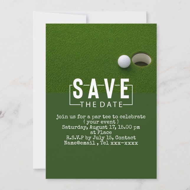 Golf save the date  golf ball putting hole in one invitation (Front)
