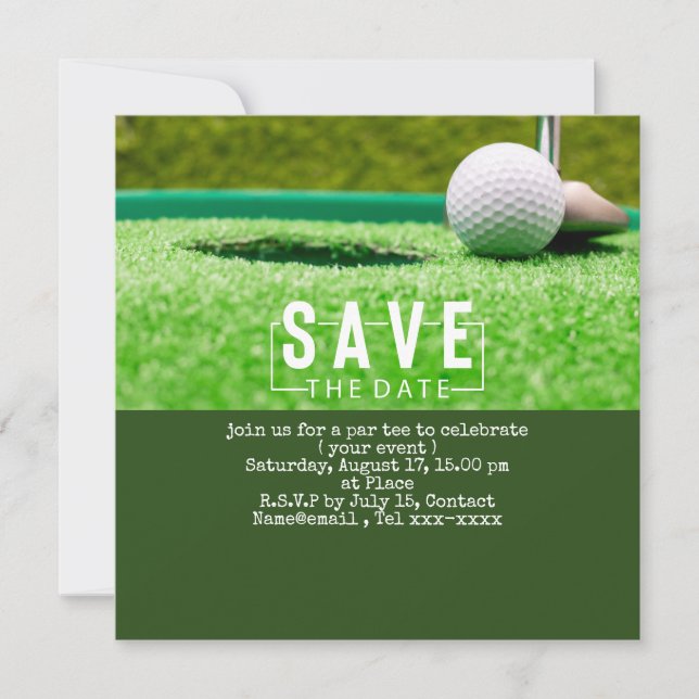 Golf save the date  golf ball putting hole in one invitation (Front)