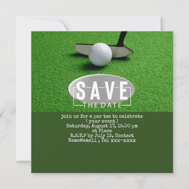 Golf save the date  golf ball putting hole in one invitation (Front)
