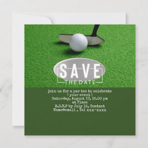 Golf save the date golf ball putting hole in one invitation