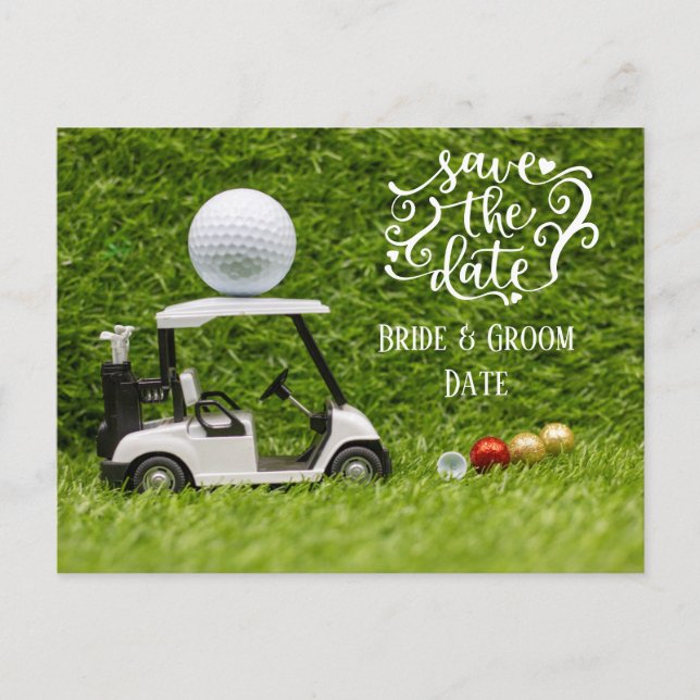Golf Save the Date  golf cart and ball on green Postcard (Front)