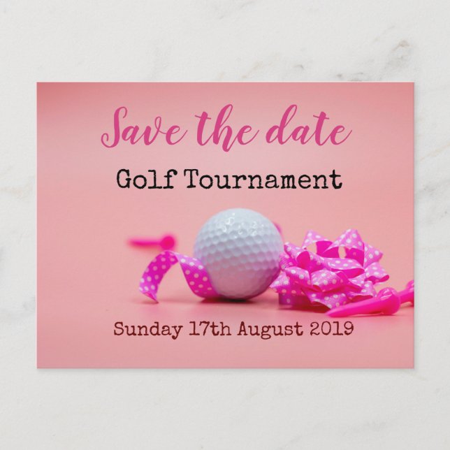 Golf Save the date Golf Tournament on pink Announcement Postcard (Front)