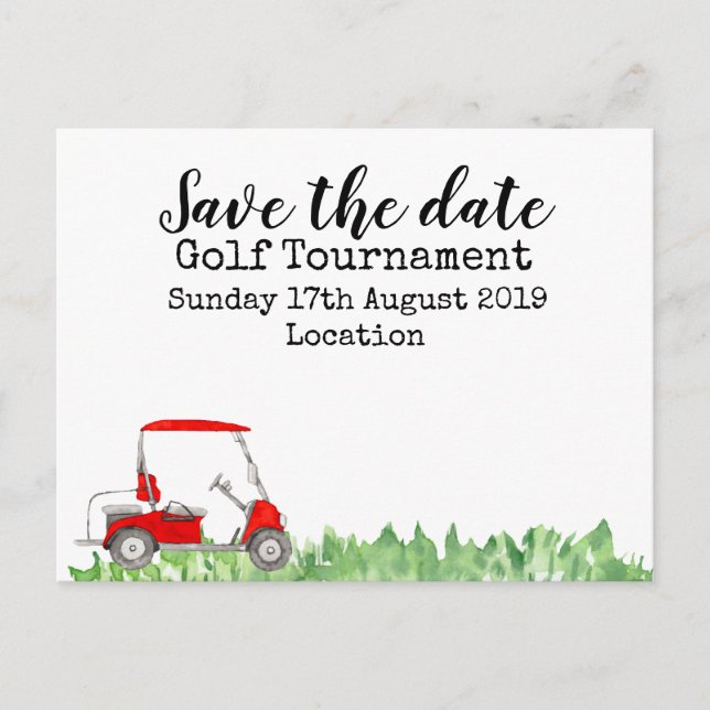 Golf Save the date Golf Tournament with golf cart  Announcement Postcard (Front)