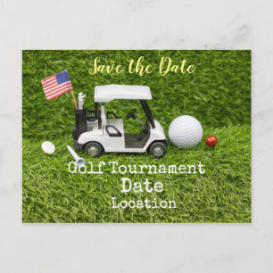 Golf Save the Date with golf ball & American flag Postcard