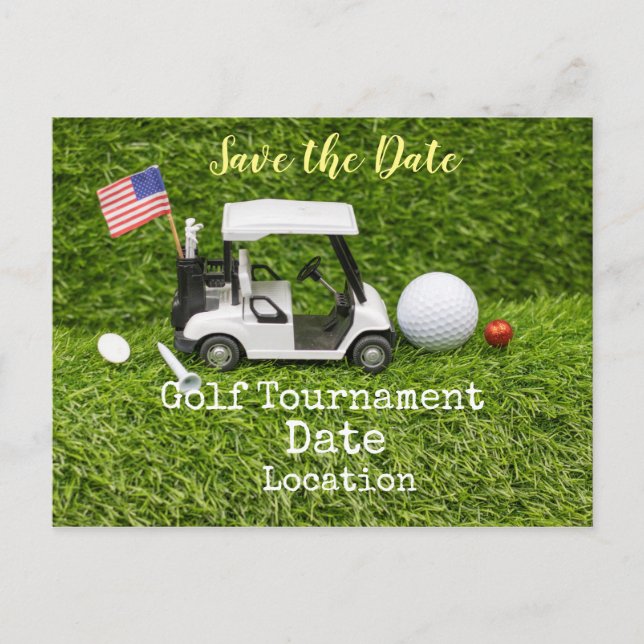 Golf Save the Date with golf ball & American flag  Postcard (Front)