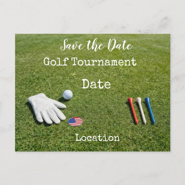 Golf Save the Date with golf ball & American flag  Postcard (Front)
