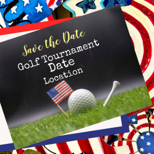 Golf Save the Date with golf ball & American flag Postcard