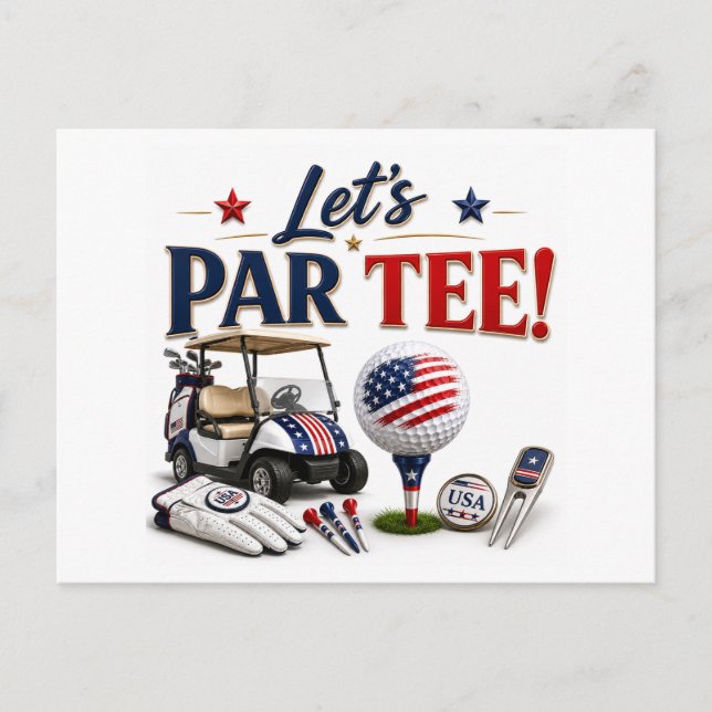Golf Save the Date with golf ball & American flag  Postcard (Front)