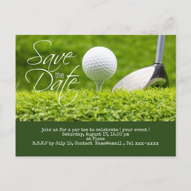 Golf save the date with golf ball and club postcard (Front)