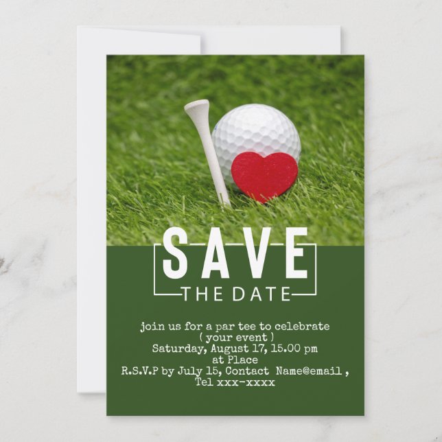 Golf save the date with golf ball and red heart invitation (Front)