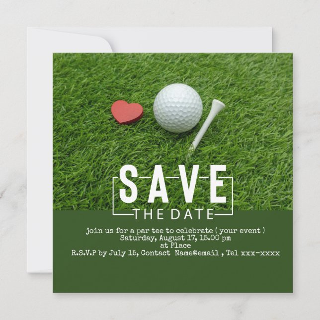 Golf save the date with golf ball and red heart invitation (Front)