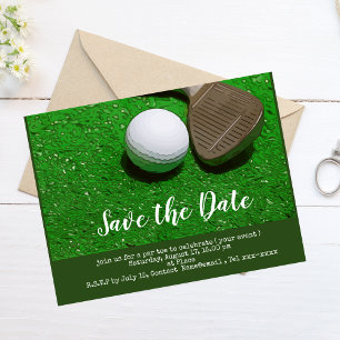 Golf save the date with golf ball and sand wedge postcard