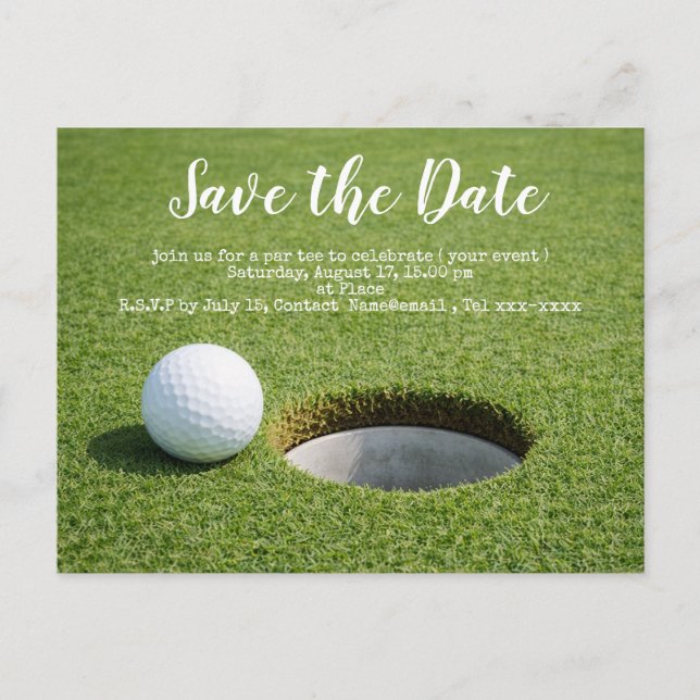 Golf save the date with golf ball and sand wedge postcard (Front)
