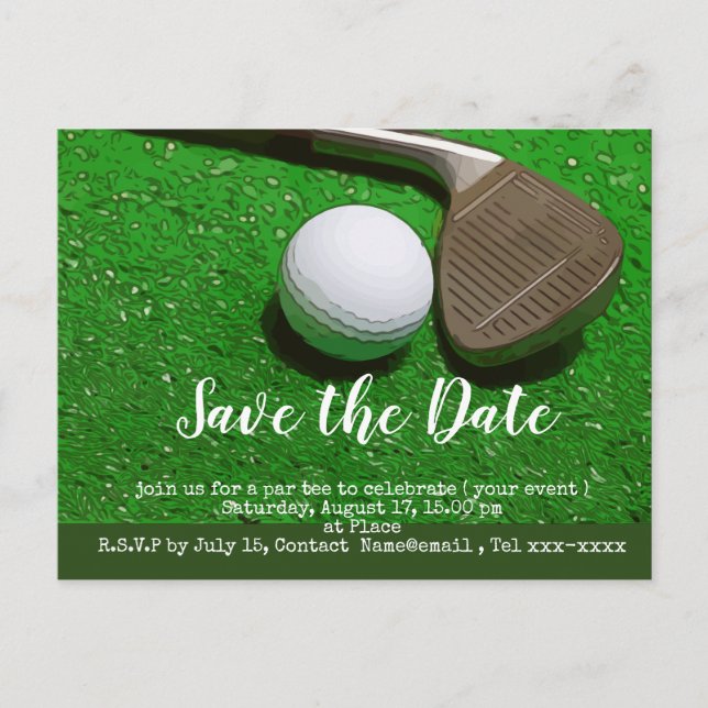 Golf save the date with golf ball and sand wedge postcard (Front)