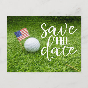 Golf Save the date with golf ball and U.S.A.flag Postcard