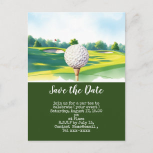 Golf save the date with golf ball  on green grass postcard