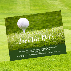 Golf save the date with golf ball  on green grass postcard
