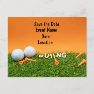 Golf save the date with golf ball on Orange Postcard