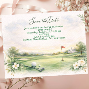 Golf save the date with golf ball ON PUTTING GREEN Postcard