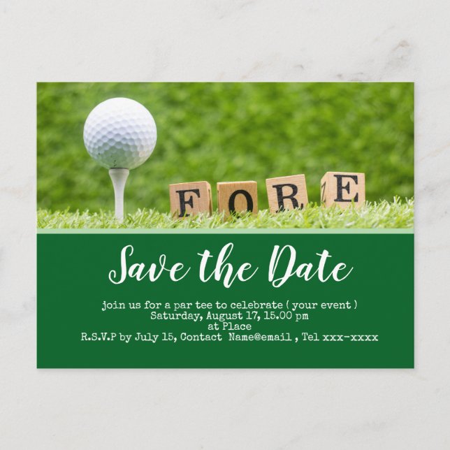 Golf save the date with golf ball on tee postcard (Front)