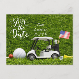 Golf save the date with golf cart and Flag of USA  Postcard