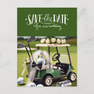 Golf Save the Date with golf cart on green Postcard
