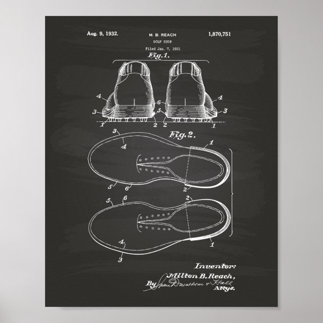 Golf Shoe 1932 Patent Art - Chalkboard Poster (Front)