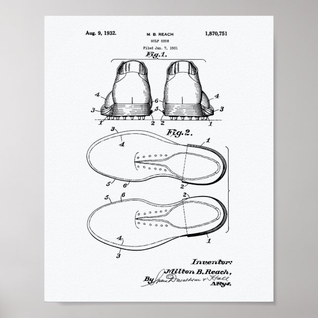 Golf Shoe 1932 Patent Art - White Paper Poster (Front)