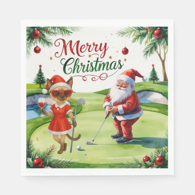 Golf Siamese Cat is in Christmas Golf Course Napkin (Front)