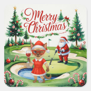 Golf Siamese Cat is in Christmas Golf Course Square Sticker