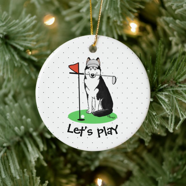 Golf Siberian Husky (black) Dog Playing Cute Funny Ceramic Tree Decoration (Tree)
