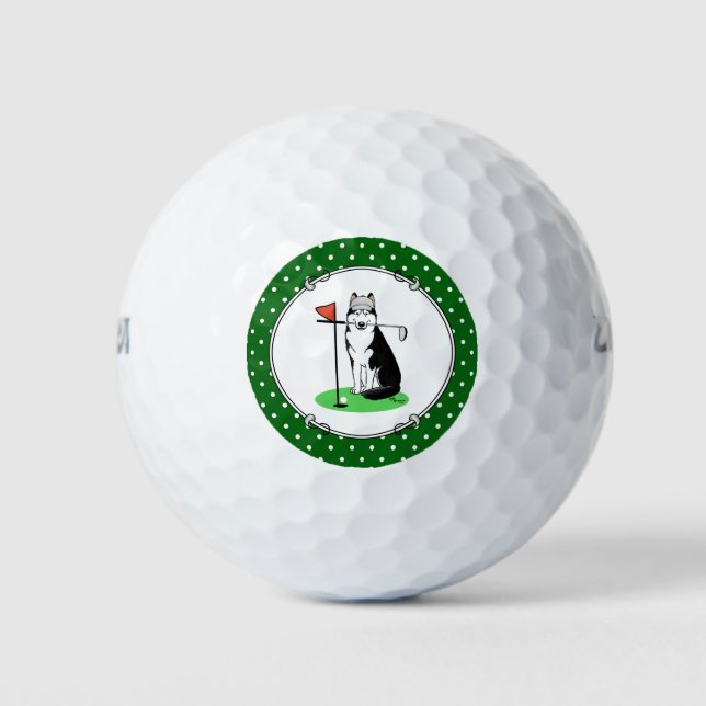 Golf Siberian Husky (black) Dog Playing Cute Funny Golf Balls (Front)