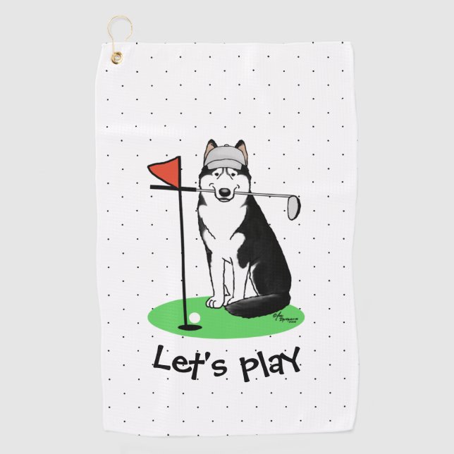 Golf Siberian Husky (black) Dog Playing Cute Funny Golf Towel (Front)