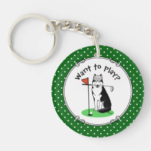 Golf Siberian Husky (black) Dog Playing Cute Funny Key Ring