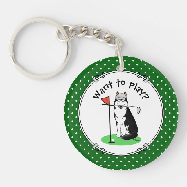 Golf Siberian Husky (black) Dog Playing Cute Funny Key Ring (Front)