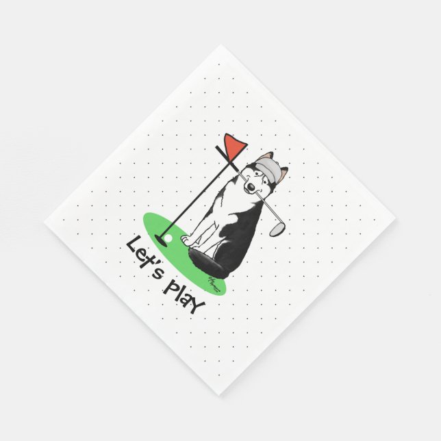 Golf Siberian Husky (black) Dog Playing Cute Funny Napkin (Corner)