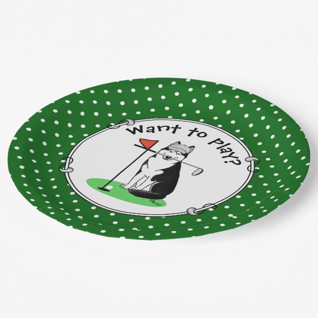 Golf Siberian Husky (black) Dog Playing Cute Funny Paper Plate (Angled)