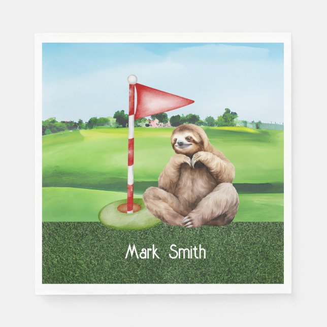 Golf Sloth Golfer at green grass Napkin (Front)