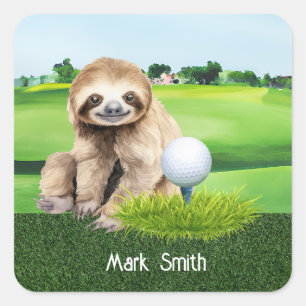 Golf Sloth Golfer at green grass Square Sticker