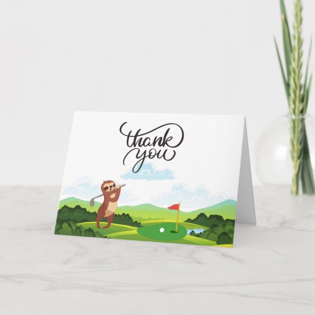 Golf Sloth say thank you on green grass Card (Front)