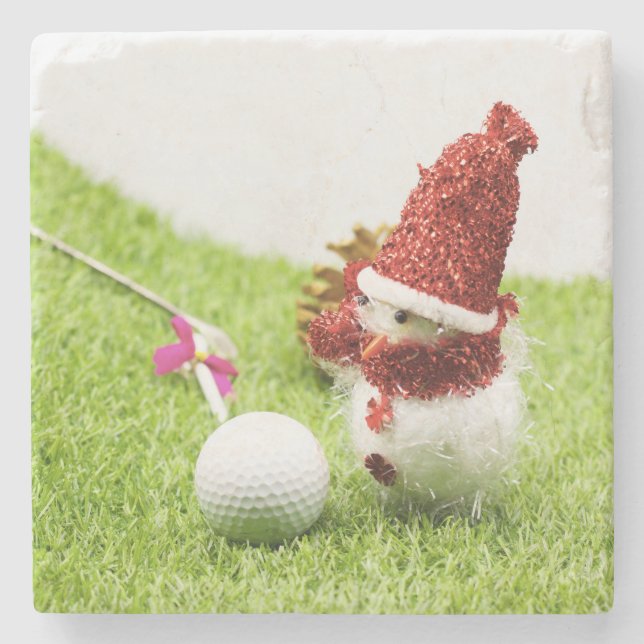 Golf Snow Man with golf ball on green  Christmas Stone Coaster (Front)