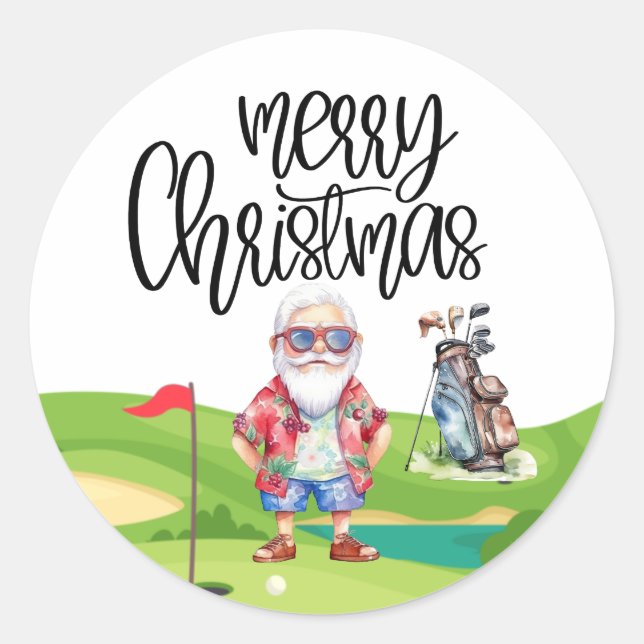 Golf Summer  Christmas with Santa Claus at flag   Classic Round Sticker (Front)
