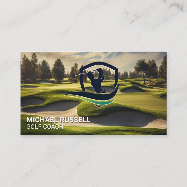Golf Swing Logo | Golf Course Background Business Card (Front)
