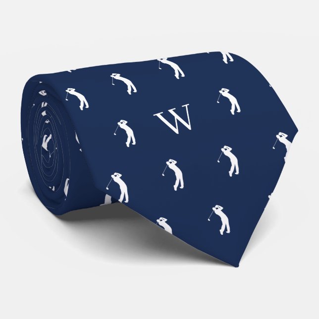 Golf Swing Monogrammed Initials Navy Blue Tie (Rolled)