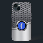Golf Swing Sporty Metallic Look iPhone 13 Case<br><div class="desc">A custom protective case with masculine appeal,  this design features a grey mesh pattern with silver faux metallic accents. Embellished with a silver,  black and blue round medallion with a golfer teeing off,  this design is great for the golf enthusiast.</div>
