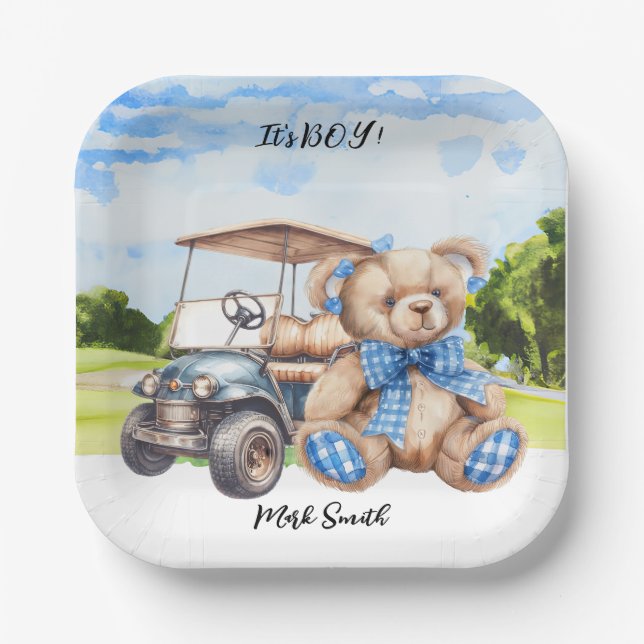 Golf Teddy Bear It's Boy for Baby Shower   Paper Plate (Front)