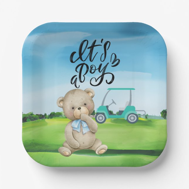 Golf Teddy Bear It's Boy for Baby Shower   Paper Plate (Front)