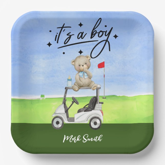 Golf Teddy Bear It's Boy for Baby Shower   Paper Plate (Front)